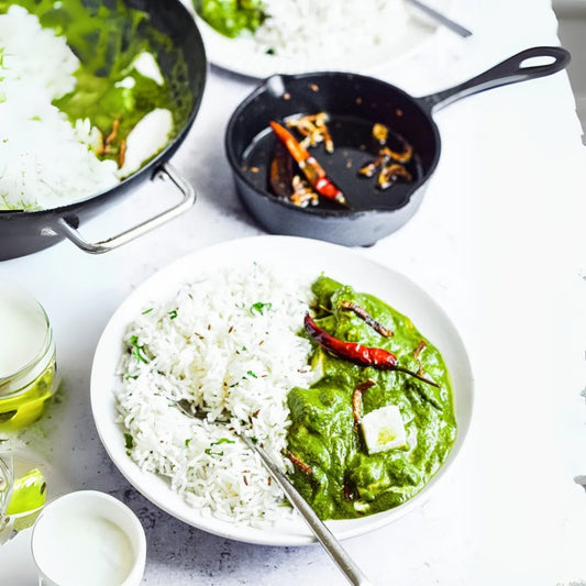 Creamy Palak Paneer with Steamed Rice - Prepared Healthy Meals at Joshua Meals.